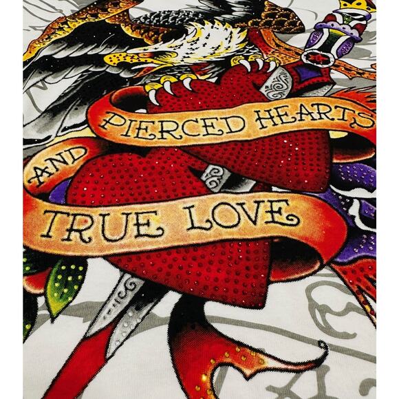 Ed Hardy Men's T-Shirt Rhinestone Pierced Eagle Short Sleeve White Tee - Picture 3 of 6